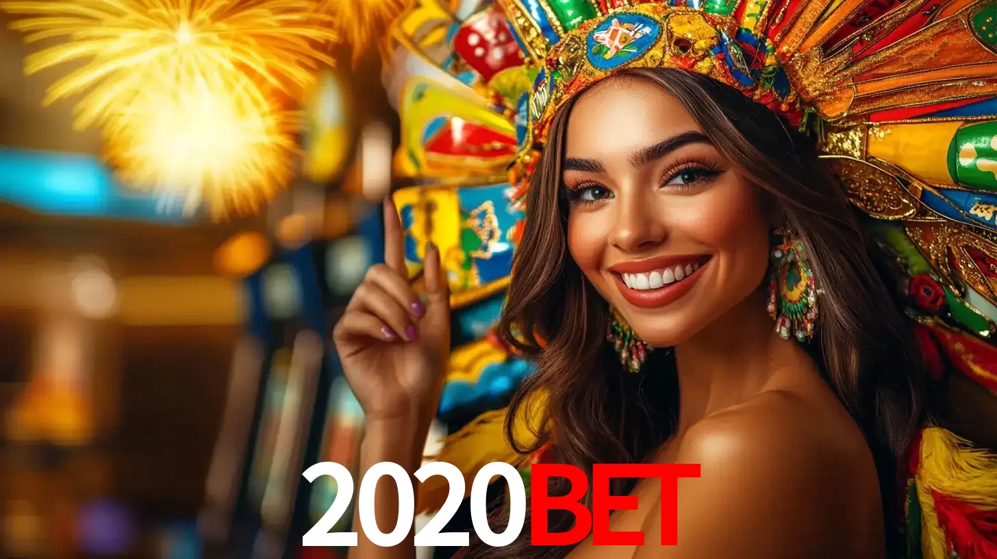 Mulher sorridente com um cocar de carnaval vibrante e colorido, celebrando uma grande vitória nos jogos do cassino 2020bet com fogos de artifício ao fundo.
