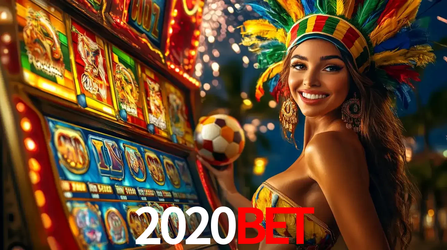 Mulher com um cocar de carnaval ao lado de uma máquina de caça-níqueis enquanto segura uma bola de futebol, mostrando a união da diversão de cassino e esportes no 2020bet.