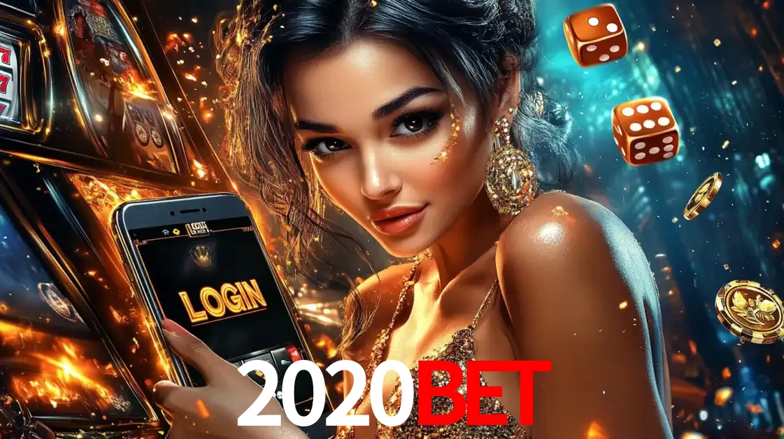 Mulher glamourosa segurando um celular com a tela de login do cassino 2020bet, rodeada por dados e moedas douradas, pronta para começar a diversão.