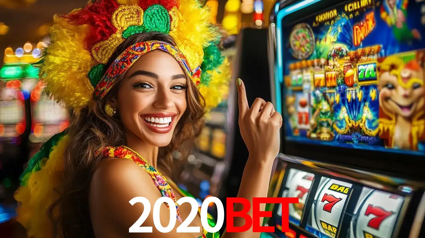 Mulher animada com um cocar de carnaval apontando para uma máquina de caça-níqueis, mostrando a emoção de ganhar um grande prêmio nos jogos do 2020bet.