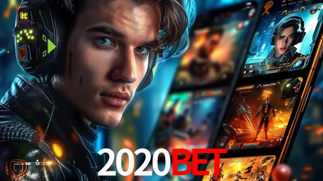 Jovem jogador com fones de ouvido olhando para a câmera, com um aplicativo de jogos e e-sports para celular ao fundo, pronto para a competição e apostas no 2020bet.