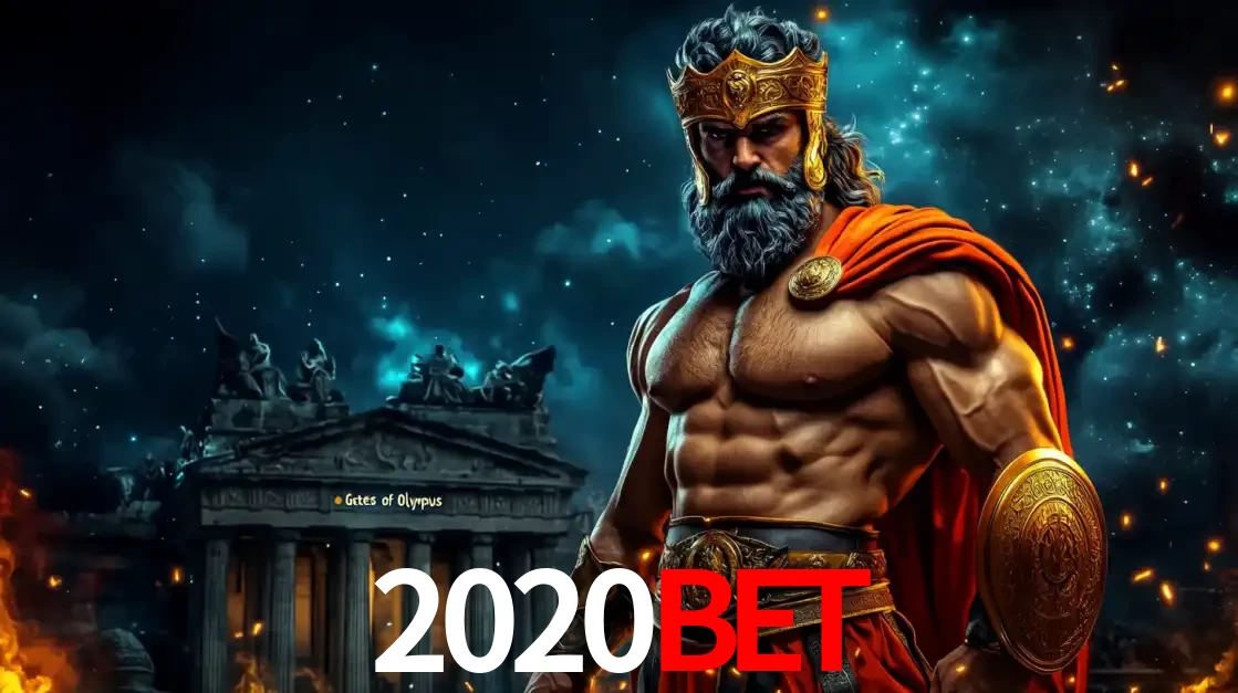 O poderoso Zeus do jogo de slot Gates of Olympus em frente ao seu templo, pronto para lançar multiplicadores divinos e prêmios épicos no cassino online 2020bet.