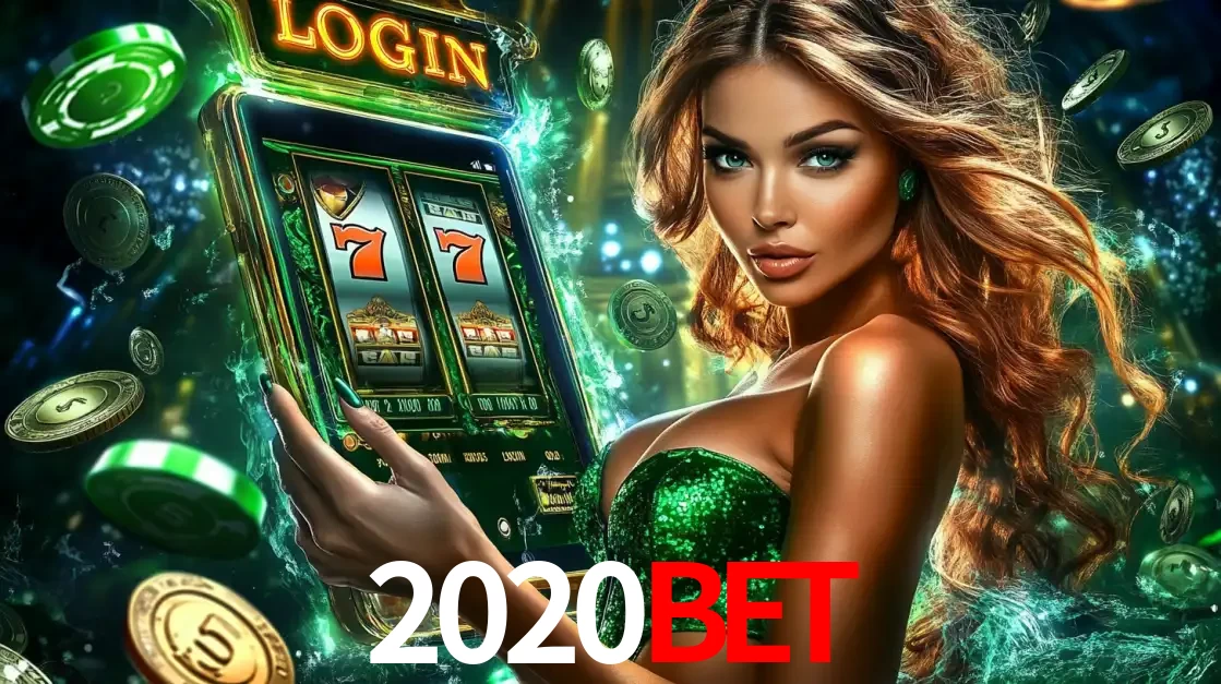 Mulher com tema verde apresentando o aplicativo do cassino 2020bet com um jogo de slot de 777, cercada por fichas de cassino e uma aura de sorte.