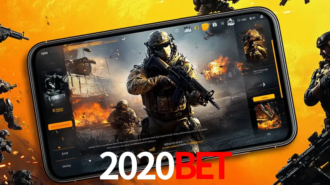 Um smartphone exibindo a interface de um jogo de tiro em primeira pessoa, com um soldado em um cenário de batalha, representando a ação dos e-sports para apostar no 2020bet.