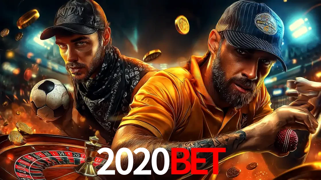 Montagem de apostas esportivas e cassino no 2020bet, com um homem segurando uma bola de futebol e outro uma de beisebol sobre uma roleta e moedas voadoras.