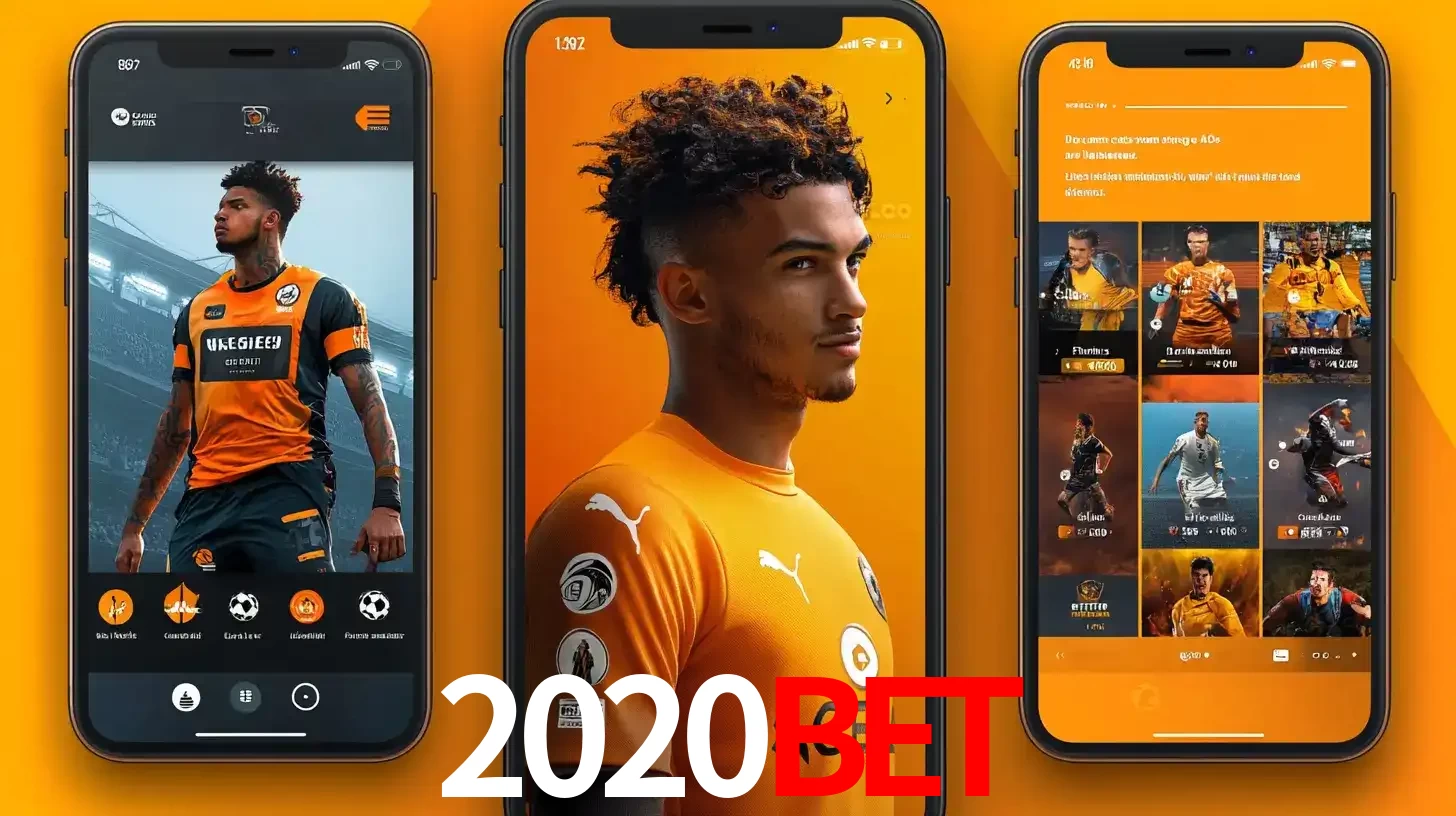 Interface do aplicativo de apostas esportivas 2020bet em três telas de celular, mostrando o perfil de um jogador de futebol e a lista de jogos disponíveis para apostar.
