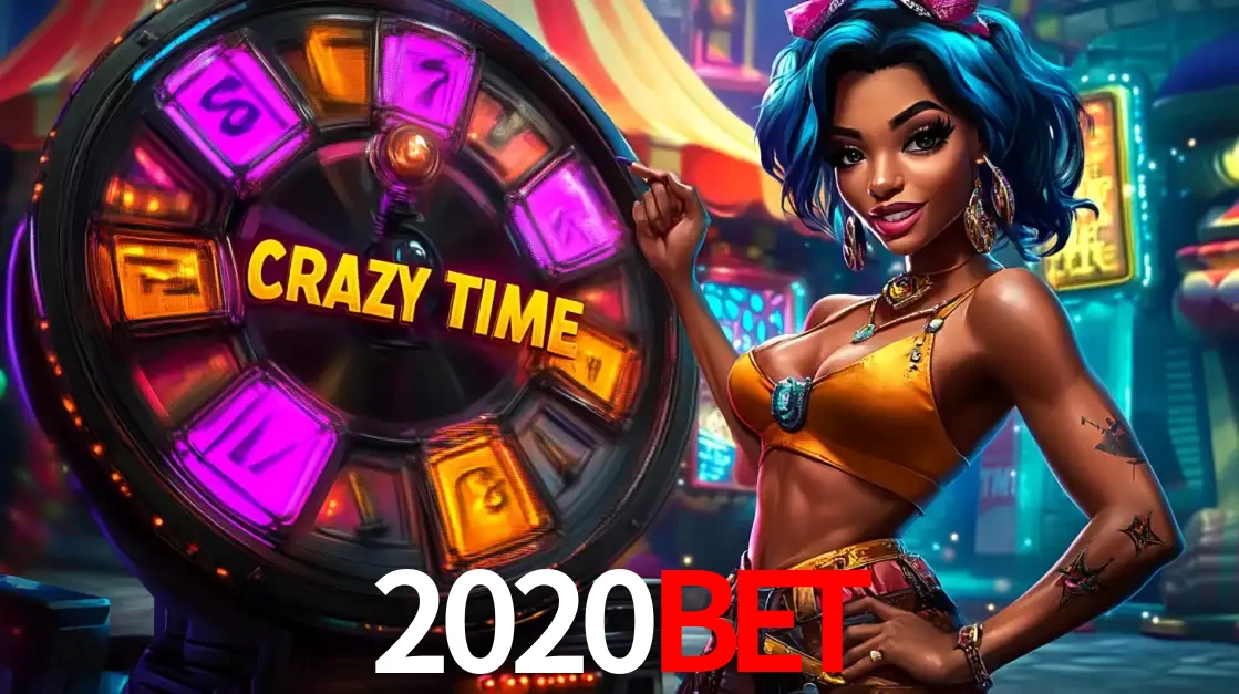 Mulher estilizada com cabelo azul e visual vibrante posando ao lado da roda de prêmios do game show Crazy Time, convidando para a diversão e os bônus do cassino 2020bet.