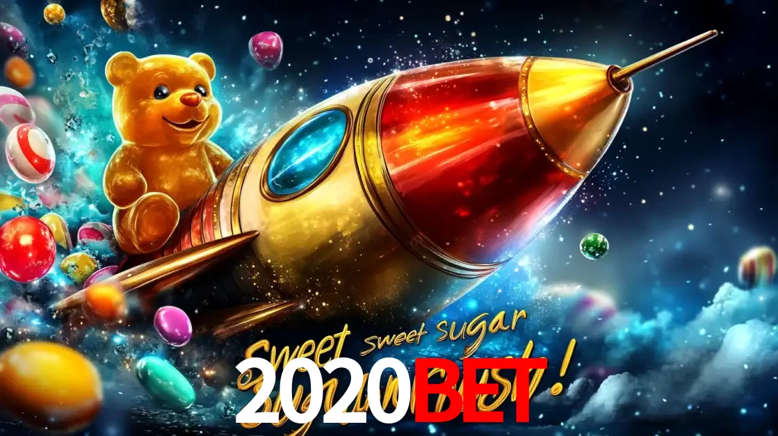 Arte promocional do jogo de slot Sugar Rush, com um urso de pelúcia em um foguete viajando pelo espaço de doces, um dos jogos divertidos disponíveis no cassino 2020bet.