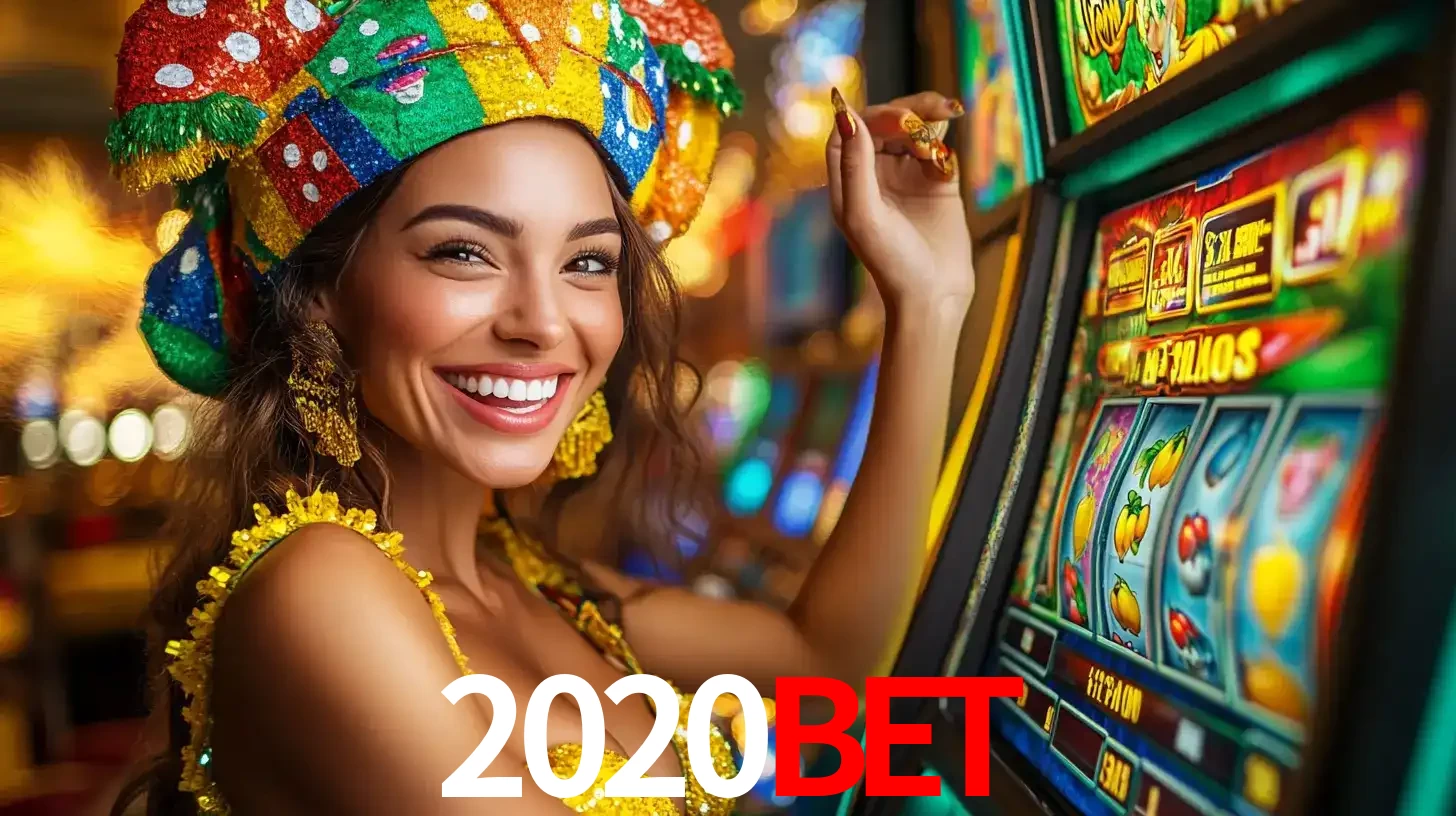 Mulher feliz com traje de carnaval amarelo e colorido ao lado de uma máquina de caça-níqueis, aproveitando a diversão e os jogos temáticos do cassino 2020bet.