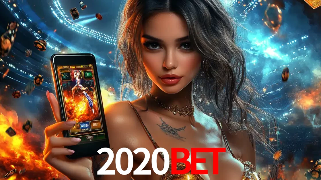 Mulher segurando um celular com um jogo de slot em destaque, tendo como fundo um estádio vibrante, simbolizando a emoção de jogar no cassino móvel 2020bet.