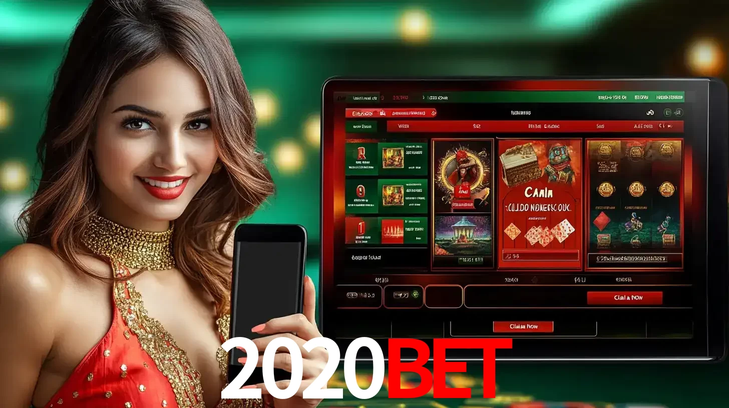 Mulher sorridente segurando um smartphone, ao lado de uma tela exibindo o lobby de jogos do cassino online 2020bet, com várias opções de jogos de cartas e slots.